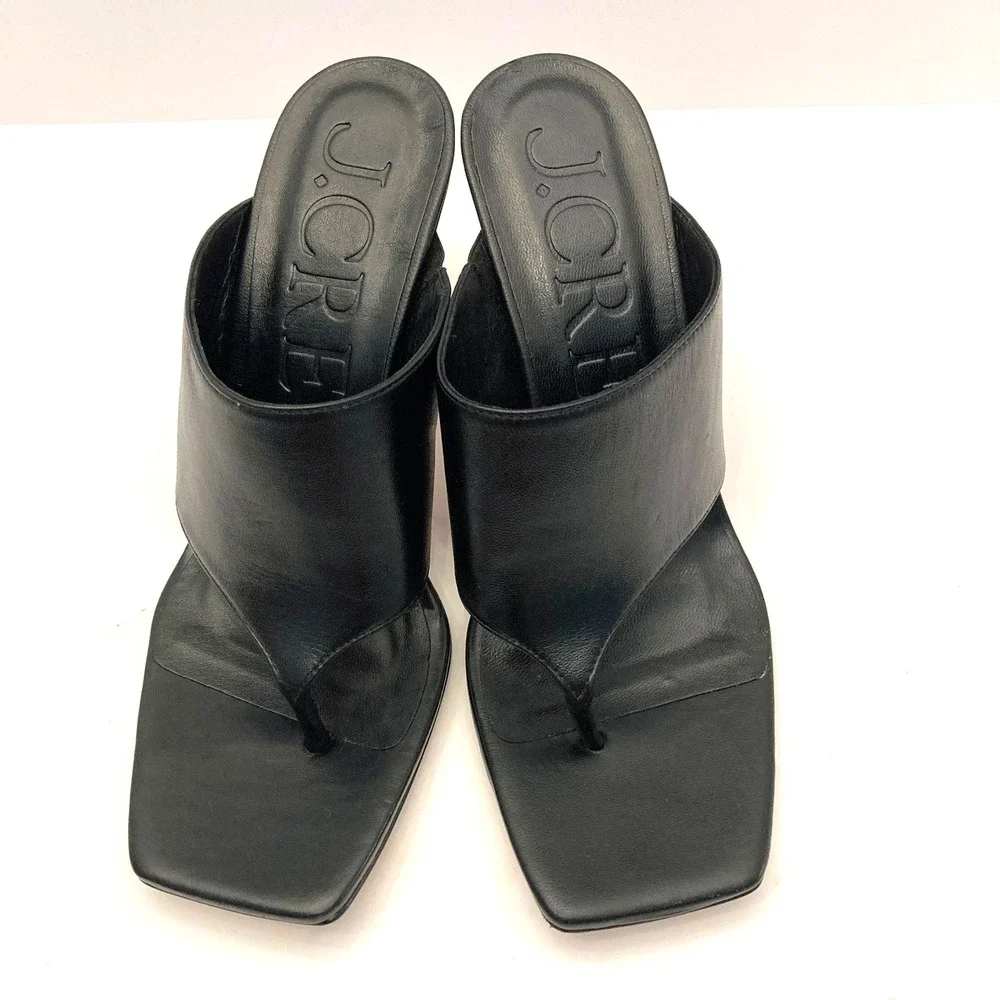 J. Crew Thong Sandals Open Toe High Heel Womens 9 Black Leather Snake‎ Print